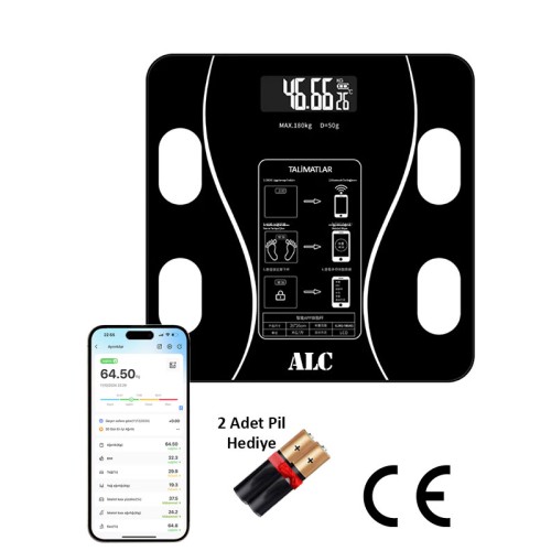 ALC Smart Body Scale Akıllı Banyo Baskülü Yağ Su Kas Vücut Kitle Endeksi Dijital Tartı  - Siyah
